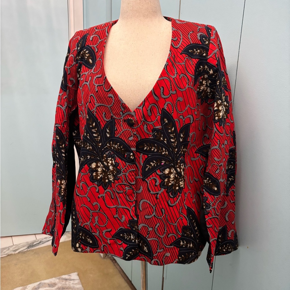 Elegant Red Floral Women's Blazer w/ Unique capelet sleeves